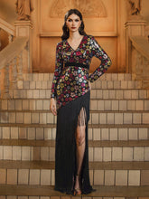 Fringed Split Floral Sequin Prom Dress